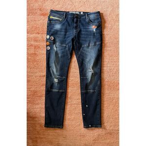 Dreamland Jeans Mens 38 Distressed Moto Patchwork Denim Lightning Star Detail